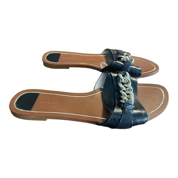 Zara basic black leather slide flat sandals with a gold chain design size 5 - Picture 6 of 11